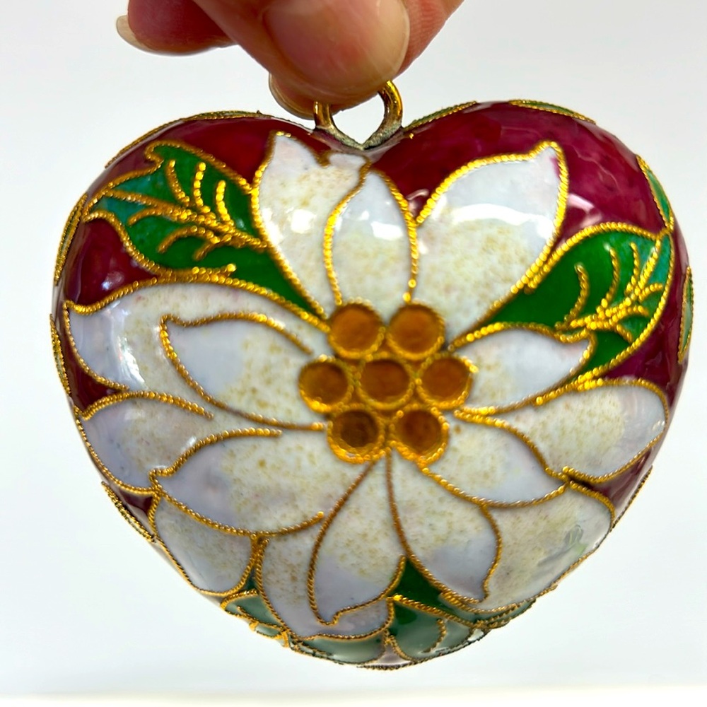 Vintage enamelled metal cloisonné heart shaped double sided ornament